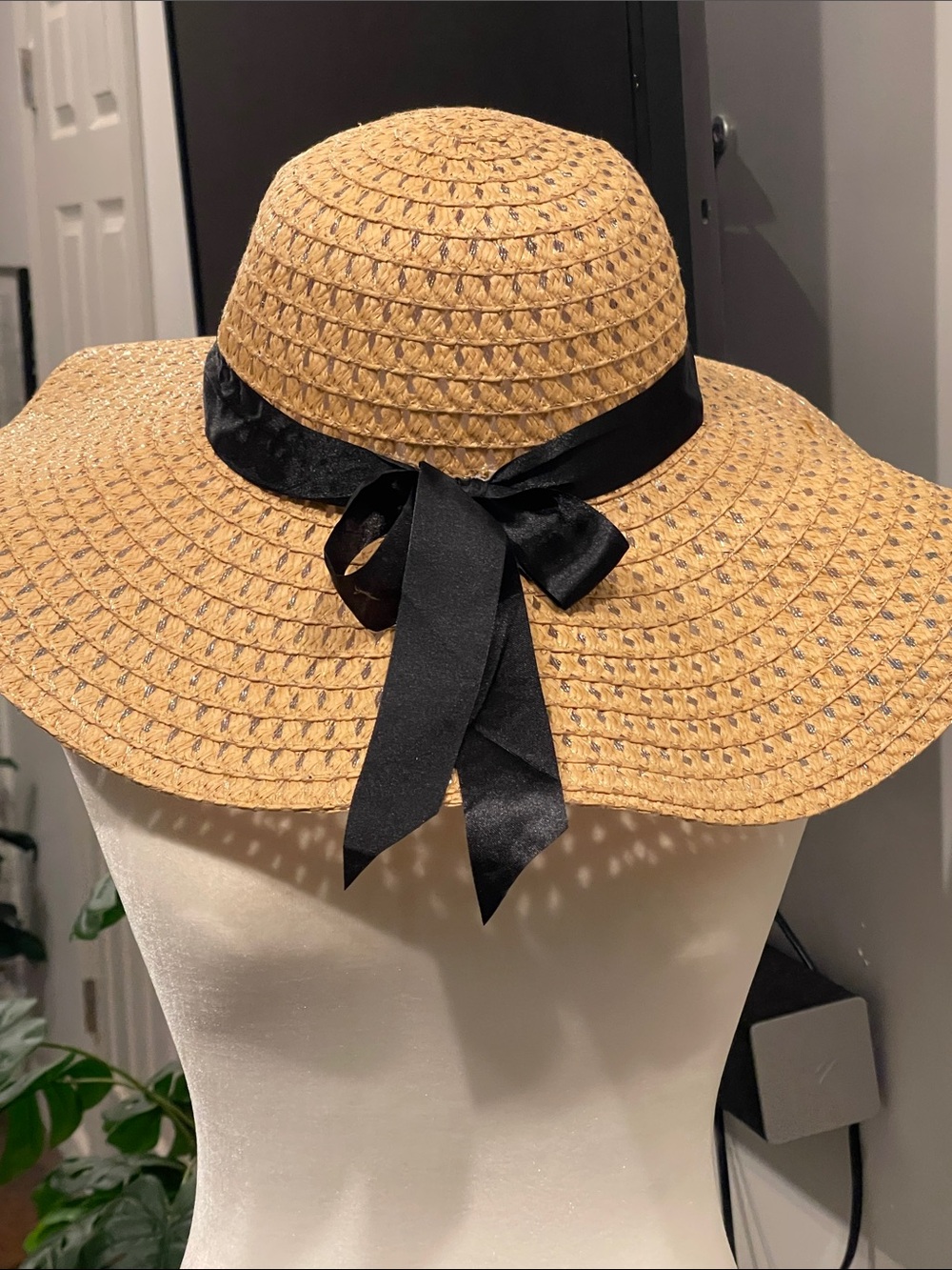 Straw Wide-Brim Sun Hat with Black Ribbon